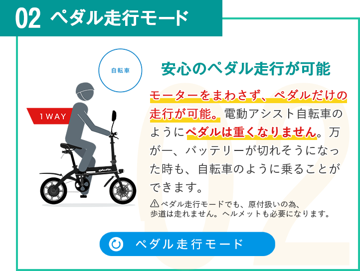 ペダル走行モード　今までになかった利便性。　モーターをまわさず、ペダルだけの走行が可能。電動アシスト自転車のようにペダルは重くなりません。万が一、バッテリーが切れそうになった時も、自転車のように乗ることができます。 　ペダル走行モードでも、原付扱いの為、歩道は走れません。ヘルメットも必要になります。